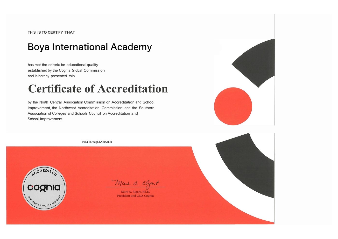 Cognia Certificate of Accreditation issued to Boya International Academy, valid through June 30, 2030